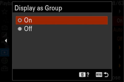 Product image showing "Display as Group" camera menu with "On" selected