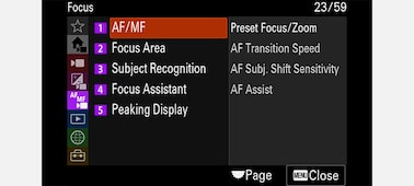 Product image showing "Focus" camera menu with "AF/MF" selected