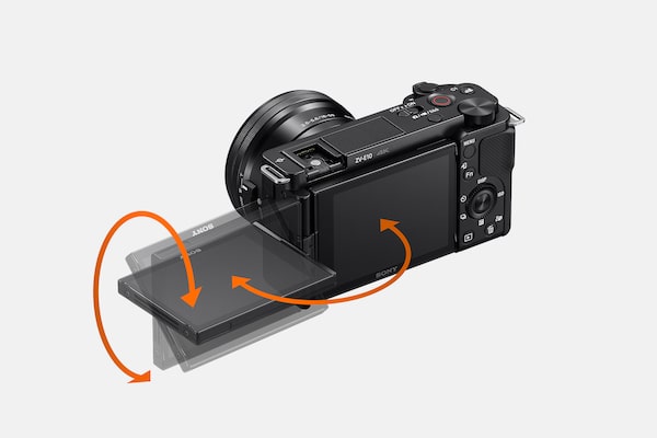 A camera image illustrating possible rotational directions for its side-opening vari-angle LCD screen