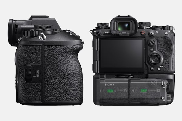 Product images of the camera from grip side and from rear with an attached VG-C5 vertical grip housing two batteries