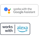 Logos for "works with Google Assistant" and "works with alexa"