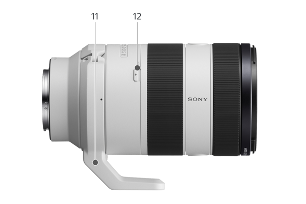 Product image showing right side view of lens body with numbered labels showing (11) Tripod-mounting collar, (12) Zoom lock switch