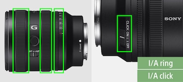 Split screen: the left-side view of the lens with focus, zoom, and aperture ring highlighted (left); the right-side view of the lens with aperture click switch highlighted (right)