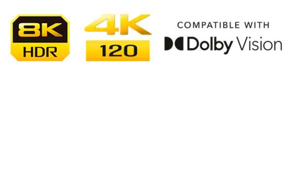 Image of an 8K HDR logo, 4K 120 logo and Compatible with Dolby Vision logo.