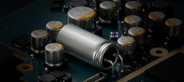 Close-up of circuit board with large solid high polymer capacitor