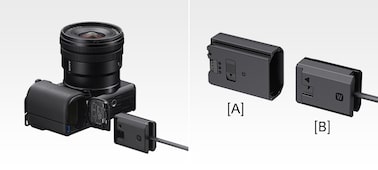 [Left]
Product image showing plug-in plate for NP-FW50 inserted into ZV-E10 camera's battery slot.

[Right]
Product images showing:
A: plug-in plate adaptor for NP-FZ100;
B: plug-in plate for NP-FW50 on cable.