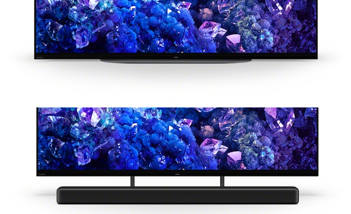 Image showing 2-way multi-position stand and BRAVIA TV with screenshot of blue crystals